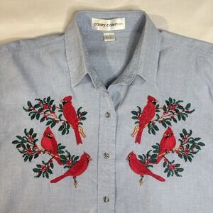 Ugly Christmas Chambray Denim Shirt Embroidered Cardinals Birds Holly Holiday